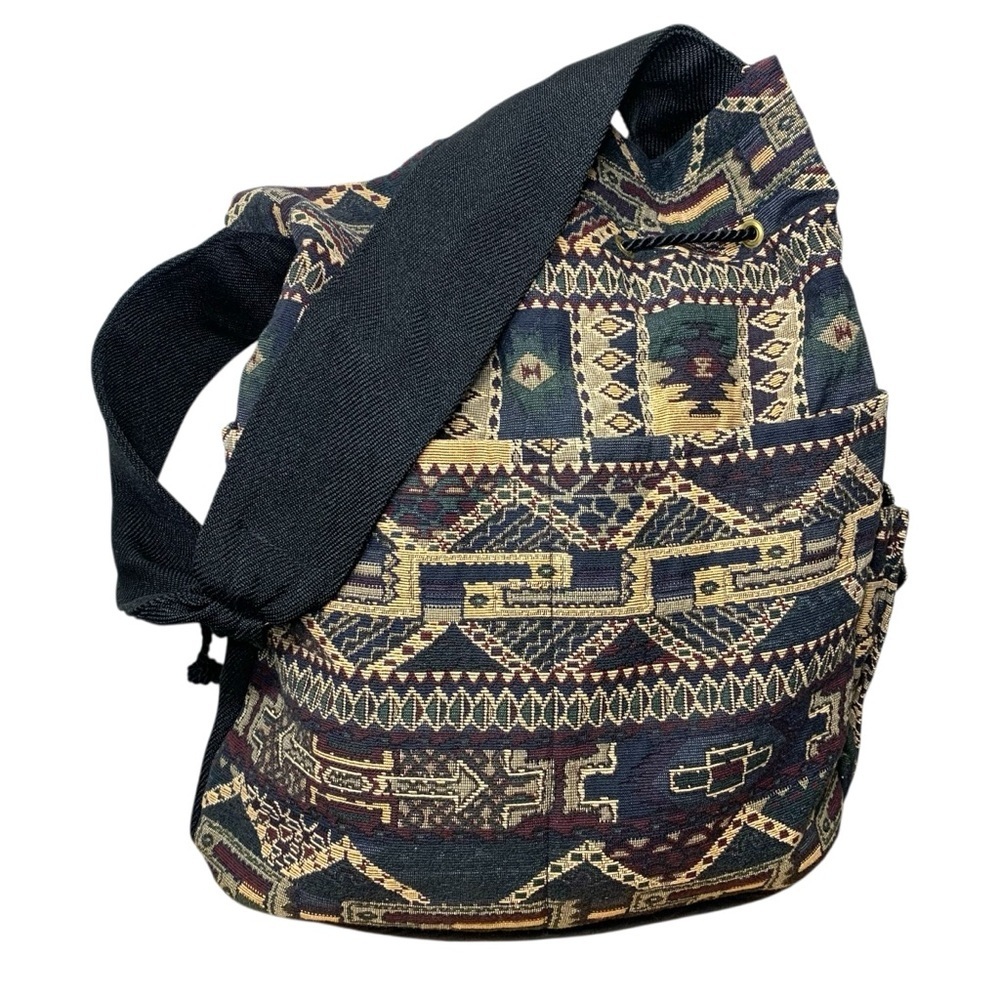 Bohemian Tapestry Bucket Tote XL Shoulder Bag Black Beige Ethnic Southwestern